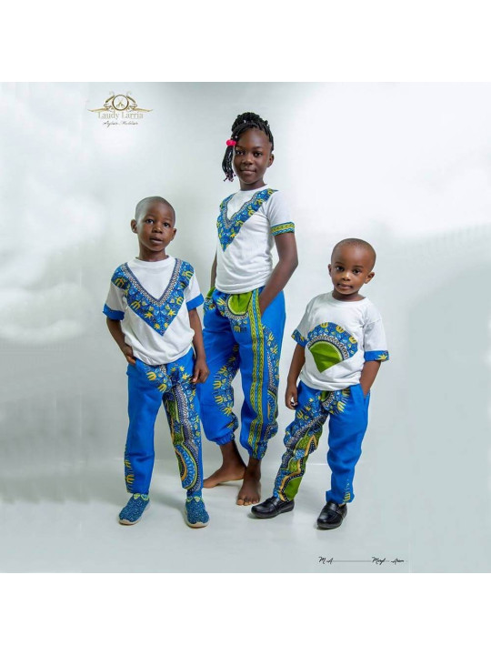 Set T-Shirt & African Pants in Loincloth for Children - Laudy Larria - Blue Color - Size L - Fashion - ARTIAF LLC