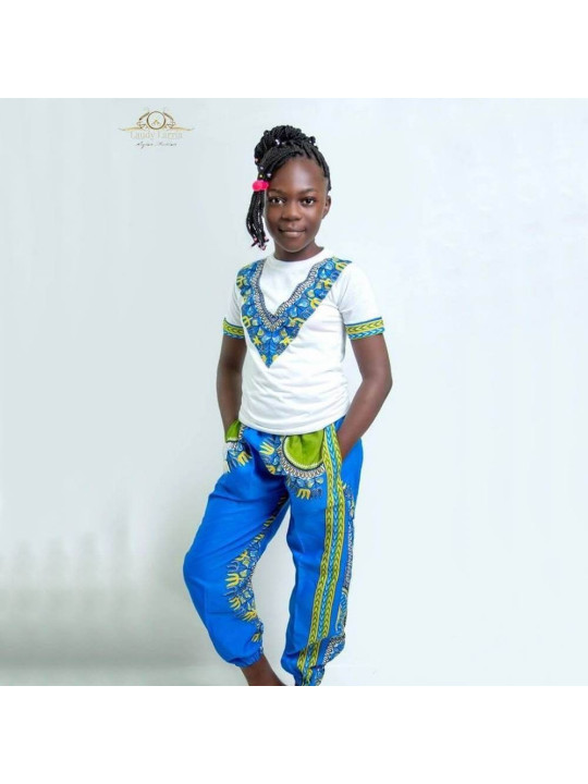 Set T-Shirt & African Pants in Loincloth for Children - Laudy Larria - Blue Color - Size L - Fashion - ARTIAF LLC