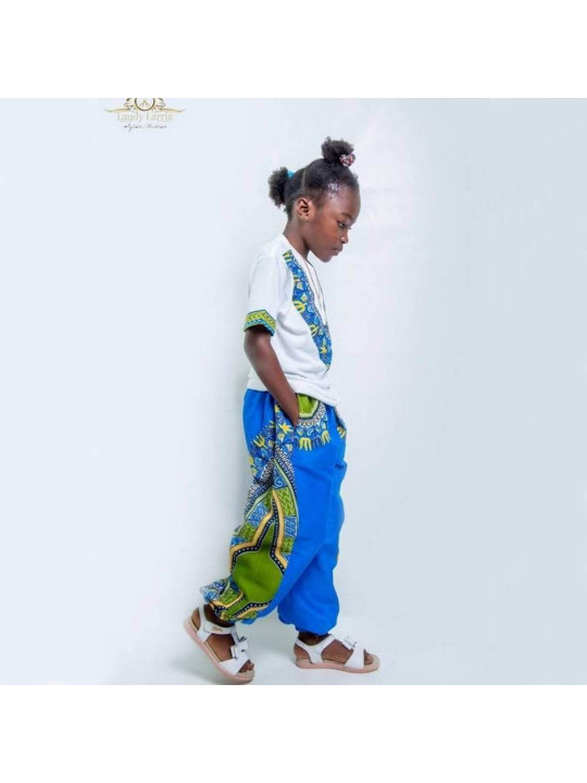 Set T-Shirt & African Pants in Loincloth for Children - Laudy Larria - Blue Color - Size L - Fashion - ARTIAF LLC